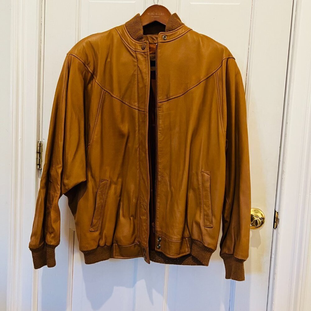 Vintage 80s 90s ETIENNE AIGNER Womens L Leather Bomber Jacket Cognac Brown 12 - Picture 13 of 16